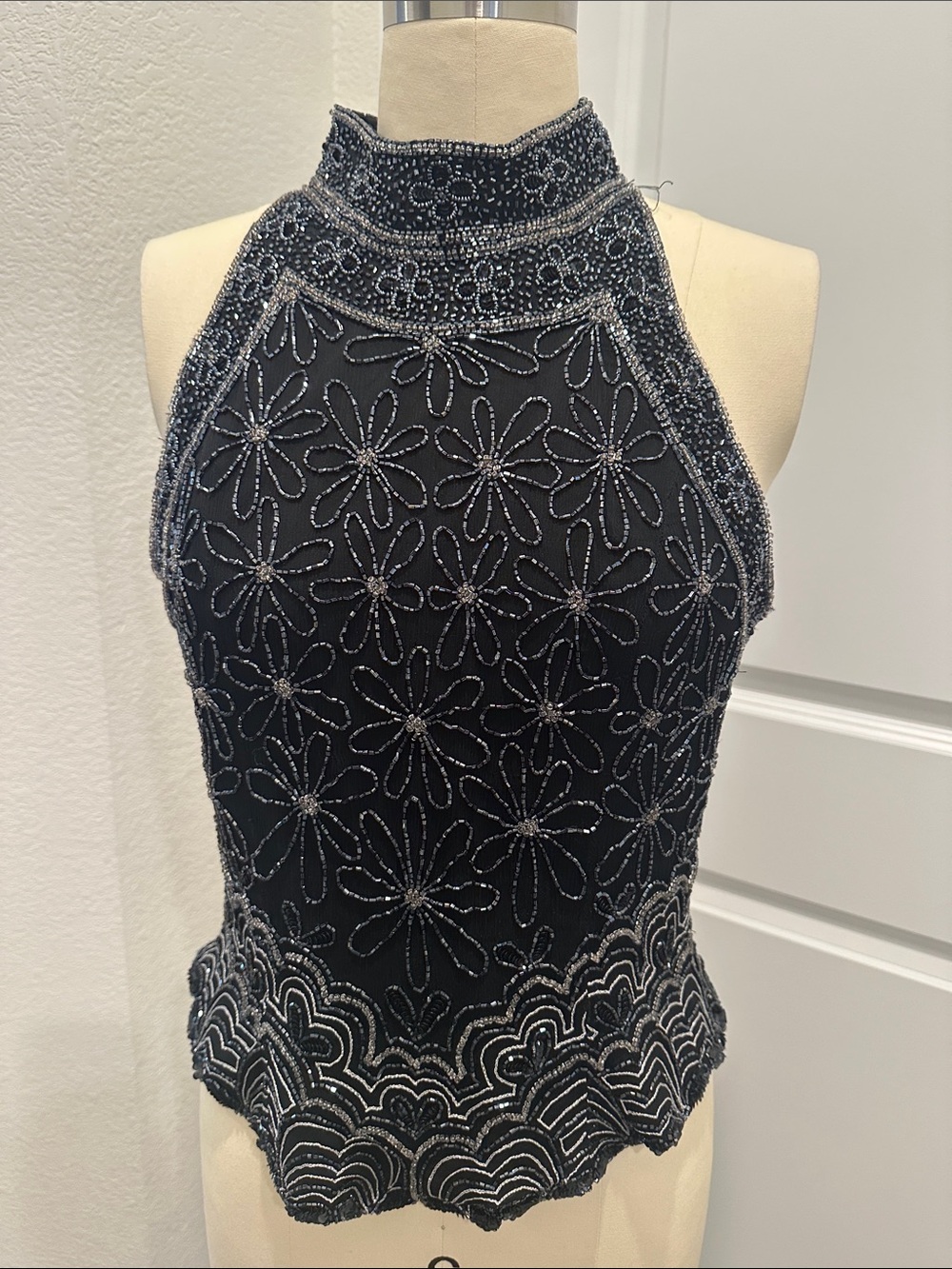 Papell Boutique Black Beaded One-Shoulder Evening Top silk vintage 90s
